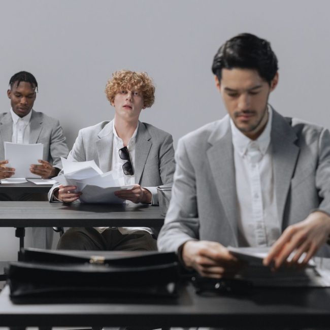Three multicultural businessmen review documents at work. Professional teamwork and collaboration.